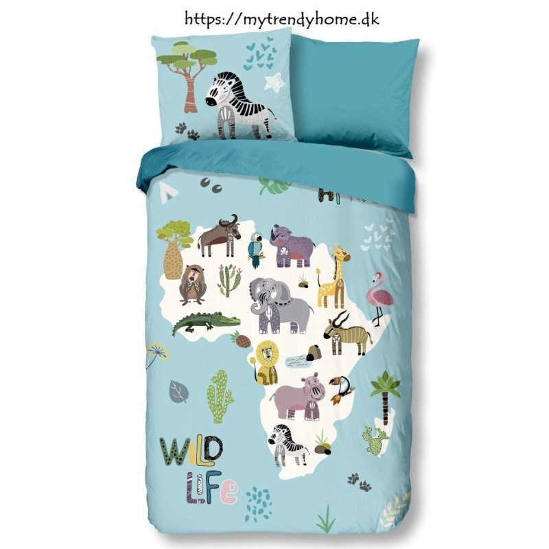 Børnesengetøj Wild Life med Verdenskort og sjove dyr fra MyTrendyHome.dk
