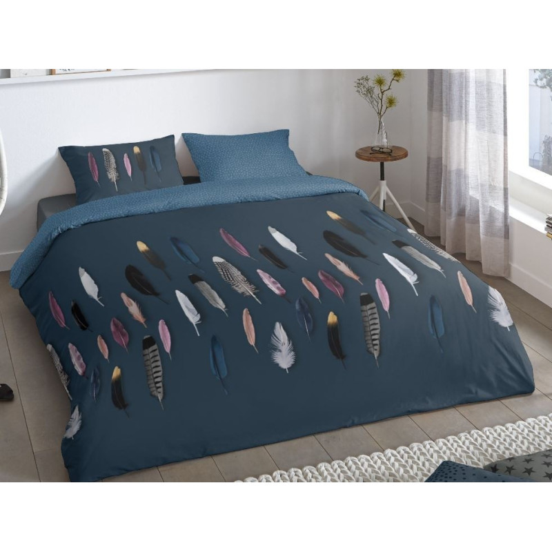 Bomuld Sengesæt Feathers navi med multifarver fjer fra MytrendyHome.dk