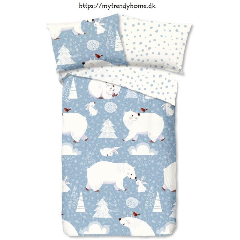 Flonel sengesæt Northpole Blue med sjov polar dyr fra MyTrendyHome.dk