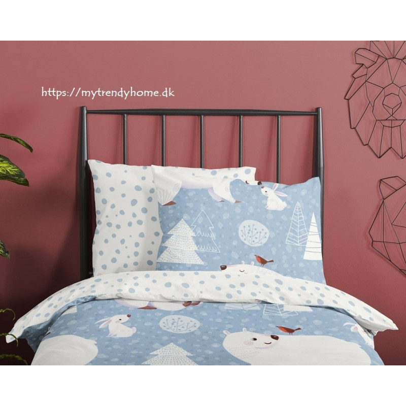 Flonel sengesæt Northpole Blue med sjov polar dyr fra MyTrendyHome.dk