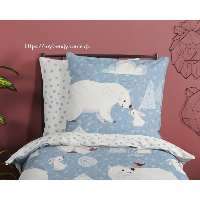 Flonel sengesæt Northpole Blue med sjov polar dyr fra MyTrendyHome.dk
