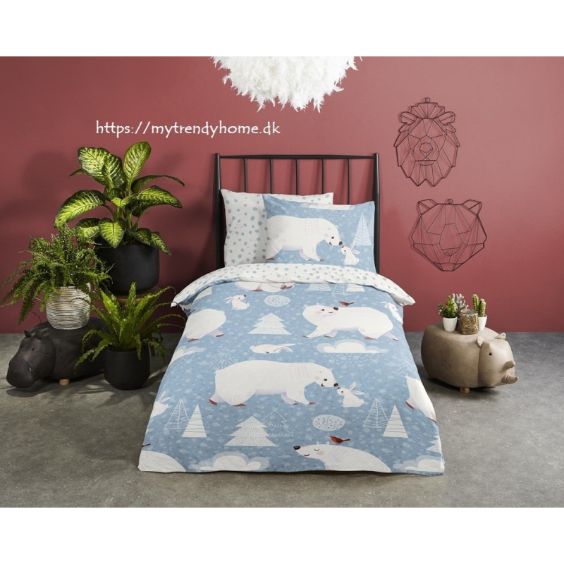 Flonel sengesæt Northpole Blue med sjov polar dyr fra MyTrendyHome.dk