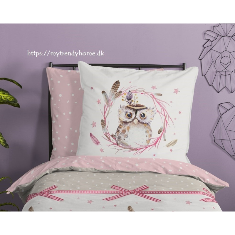 Flonel sengesæt Owl Pink med Ugle 100% bomuld fra MyTrendyHome.dk