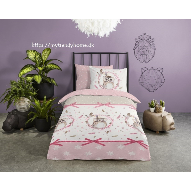 Flonel sengesæt Owl Pink med Ugle 100% bomuld fra MyTrendyHome.dk