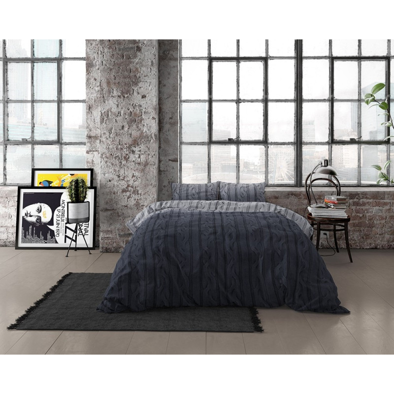 Flonel sengesæt Dante Anthracite med strik mønster fra MytrendyHome.dk