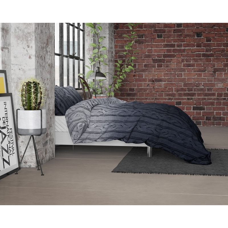 Flonel sengesæt Dante Anthracite med strik mønster fra MytrendyHome.dk