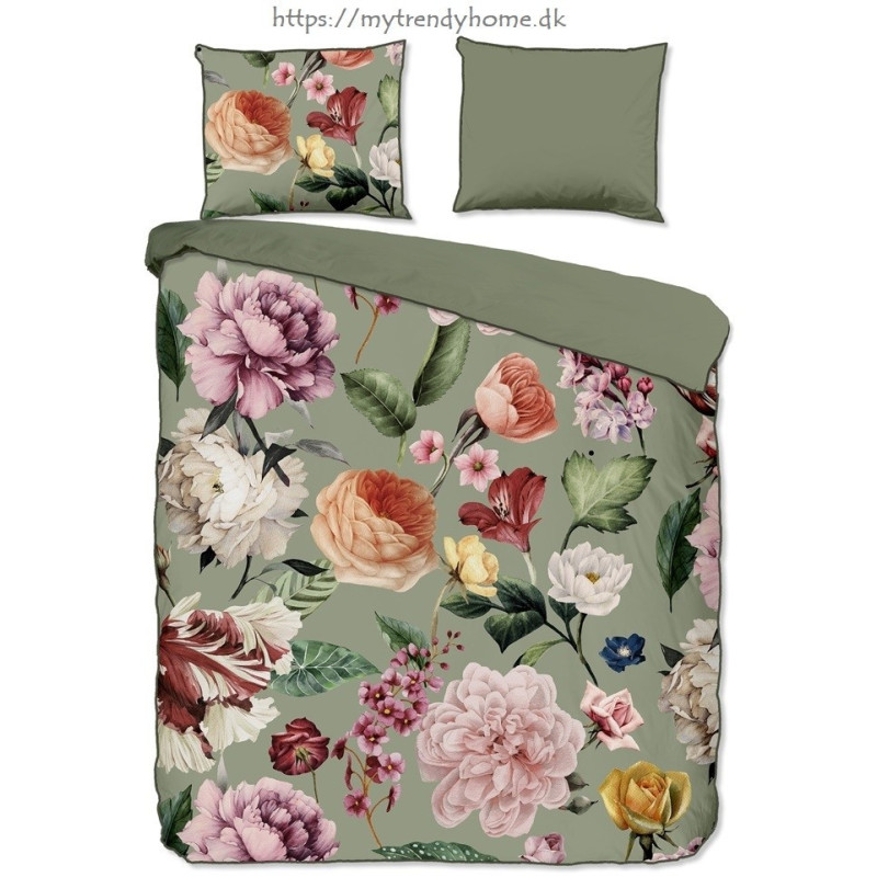 Bomuldssatin sengetøj Fiori Green med roser blomster - MyTrendyHome.dk