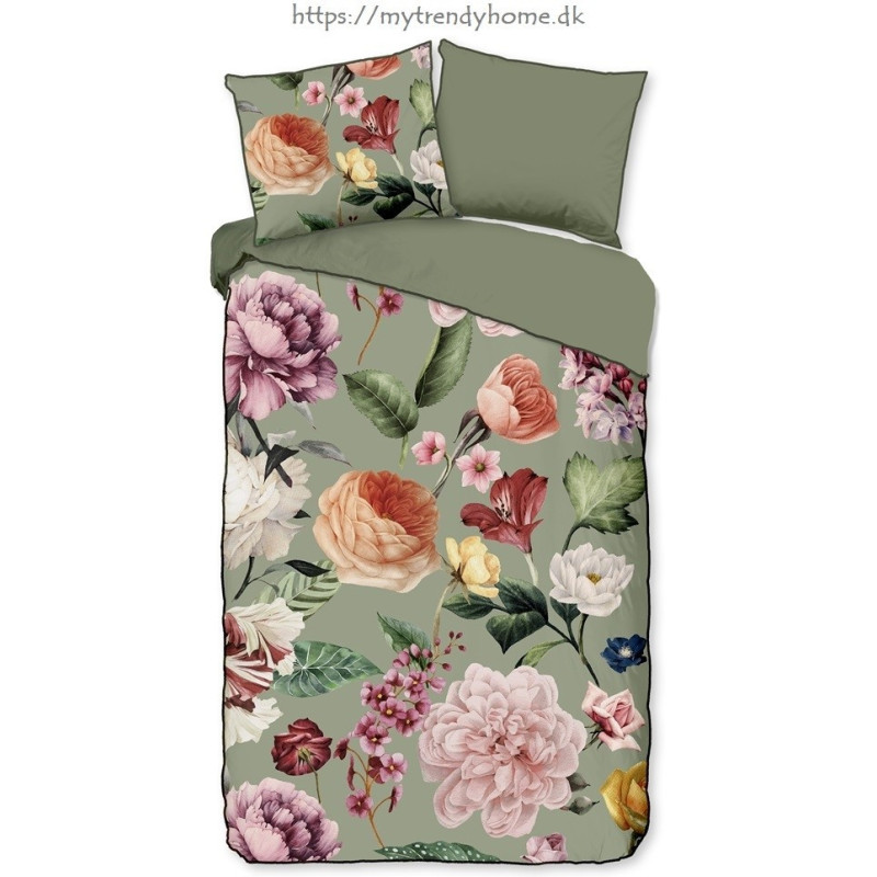 Bomuldssatin sengetøj Fiori Green med roser blomster - MyTrendyHome.dk