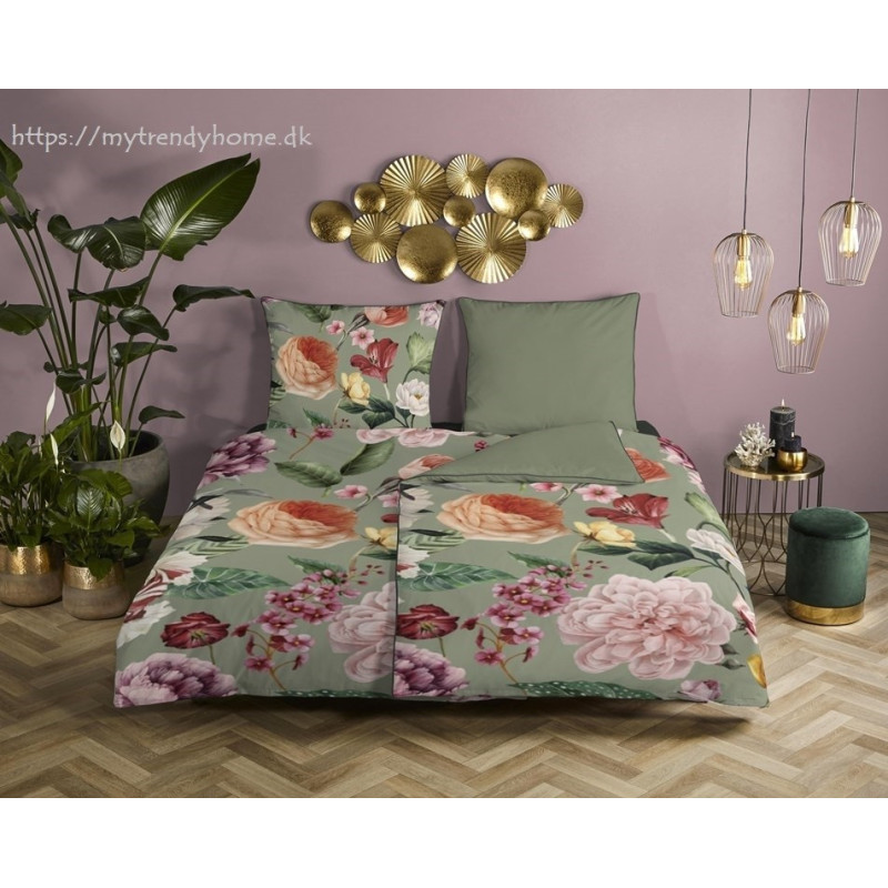 Bomuldssatin sengetøj Fiori Green med roser blomster - MyTrendyHome.dk