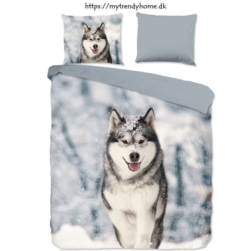 Flonel sengesæt Husky Grey med hund i 100% bomuld fra MyTrendyHome.dk