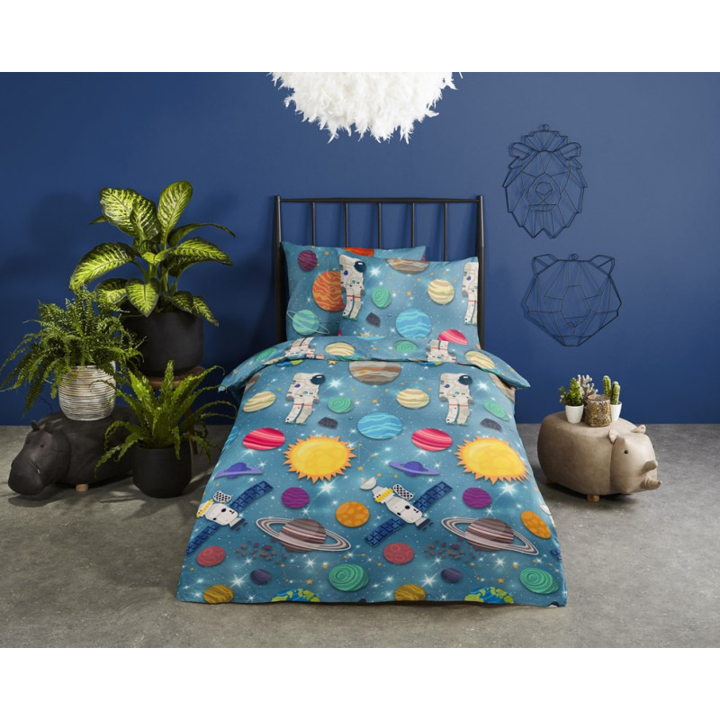 Flonel sengesæt Spaceworld  blå med astronauter fra MyTrendyHome.dk