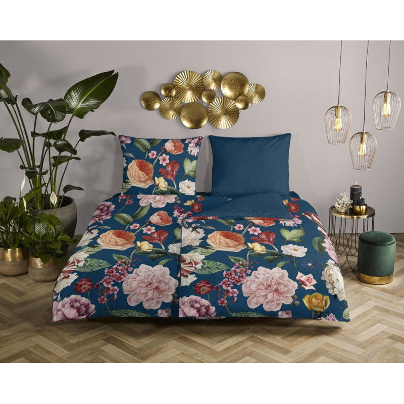 Bomuldssatin sengetøj Fiori Navi Blå med roser blomster - MyTrendyHome.dk