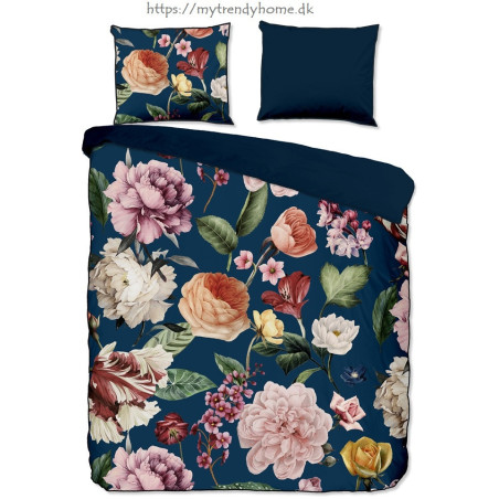 Bomuldssatin sengetøj Fiori Navi Blå med roser blomster - MyTrendyHome.dk