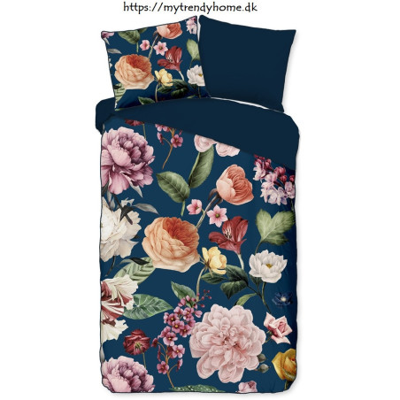 Bomuldssatin sengetøj Fiori Navi Blå med roser blomster - MyTrendyHome.dk