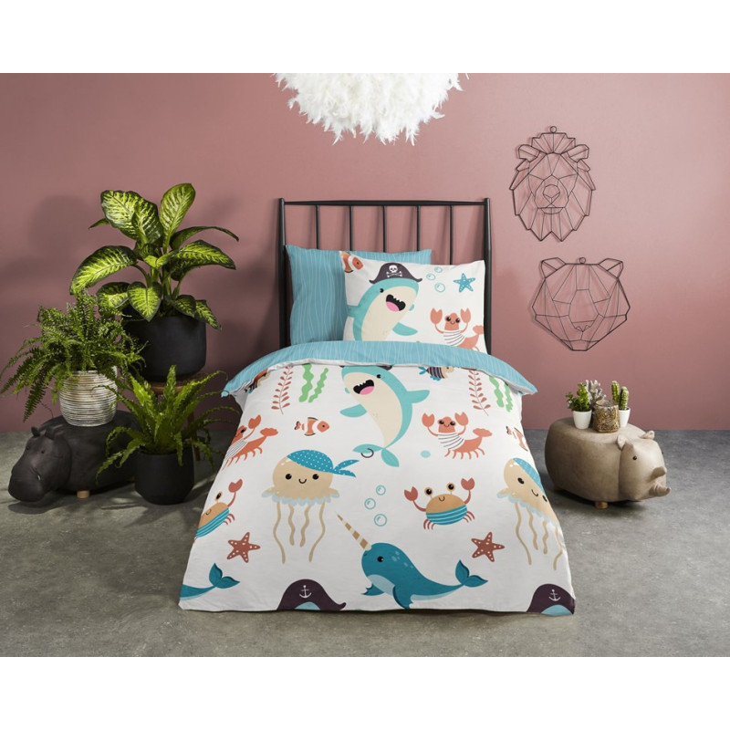 Junior sengetøj Seaworld i ren bomuld med havdyr fra MyTrendyHome. dk