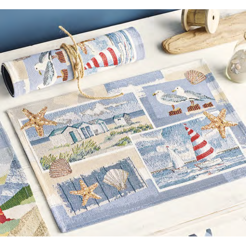 Gobelin Dækkeservietter BEACH HOUSE med marine tema fra MyTrendyHome.dk