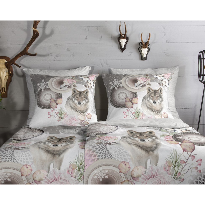 Flonel sengesæt  Isaci Grey med Ulv og mandala fra MyTrendyHome.dk