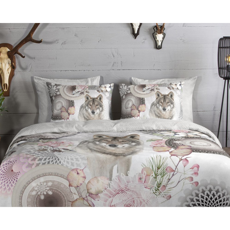 Flonel sengesæt  Isaci Grey med Ulv og mandala fra MyTrendyHome.dk