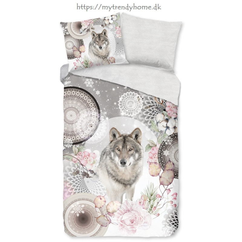 Flonel sengesæt  Isaci Grey med Ulv og mandala fra MyTrendyHome.dk