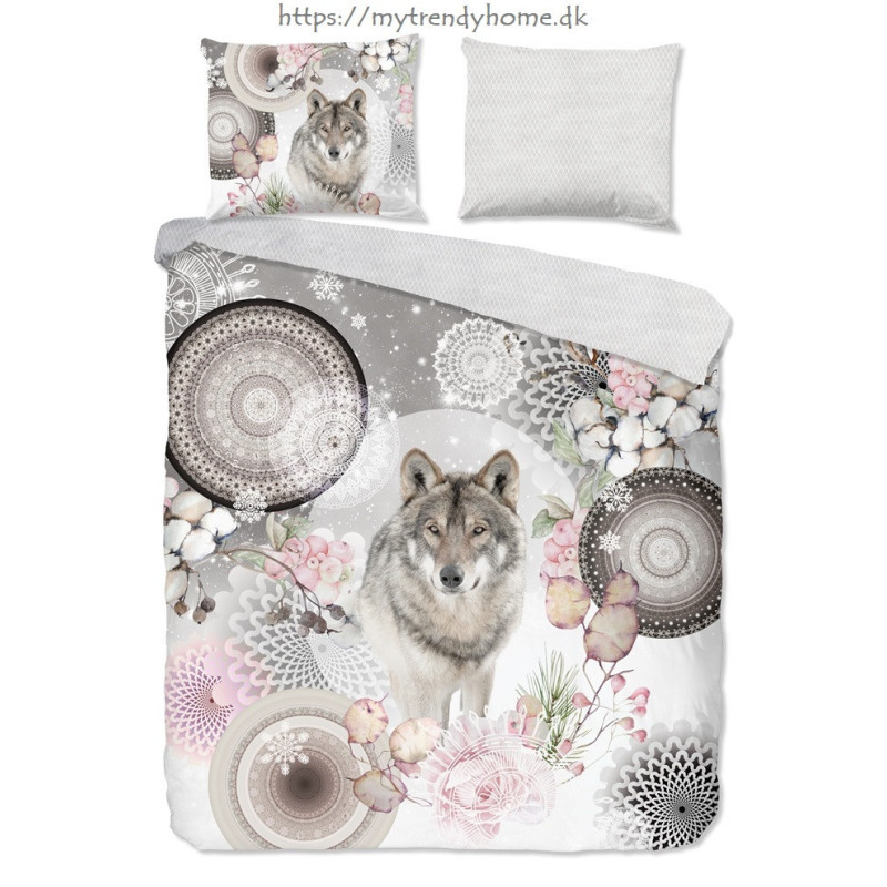 Flonel sengesæt  Isaci Grey med Ulv og mandala fra MyTrendyHome.dk