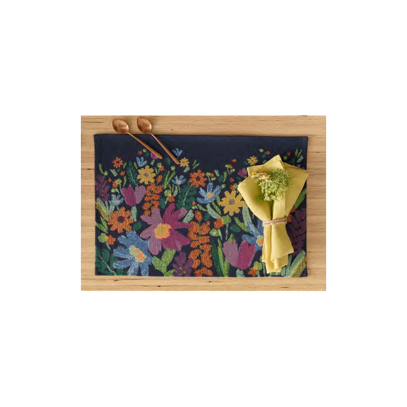 Gobelin Billedvævet stof dækkeserviet Frisco med Blomster motiv i navy blå og råhvid farver fra MyTrendyHome.dk
