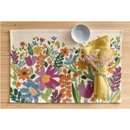 Gobelin Billedvævet stof dækkeserviet Frisco med Blomster motiv i navy blå og råhvid farver fra MyTrendyHome.dk