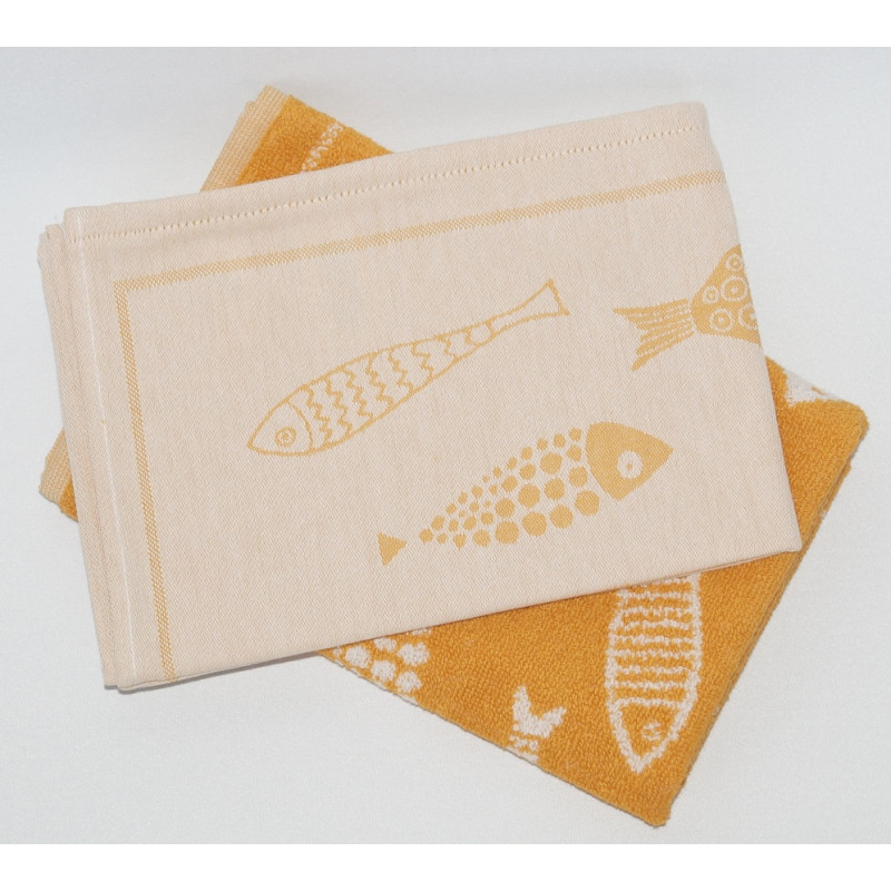 Køkkensæt Fisk med viskestykke 50x70 cm og  frotte håndklæde 50x50 cm