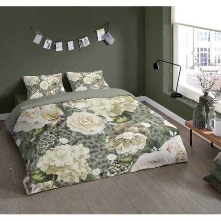 Sengesæt Joy, olive med blomster i 100% micropercal - MyTrendyHome.dk