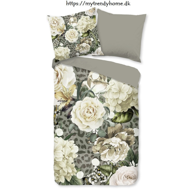 Sengesæt Joy, olive med blomster i 100% micropercal - MyTrendyHome.dk