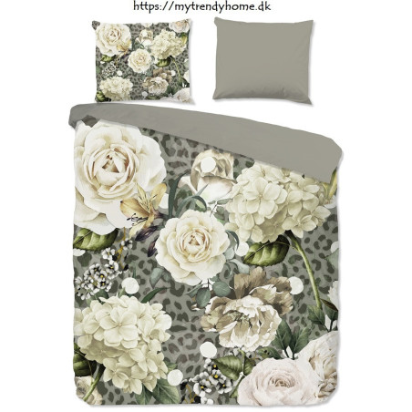 Sengesæt Joy, olive med blomster i 100% micropercal - MyTrendyHome.dk