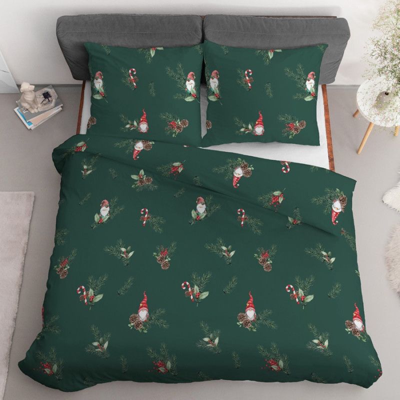 Julesengesæt Nisse, Grøn med julemotiv, ren bomuld fra MyTrendyHome.dk