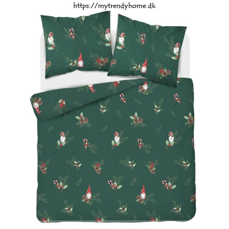 Julesengesæt Nisse, Grøn med julemotiv, ren bomuld fra MyTrendyHome.dk