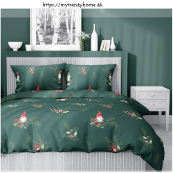 Julesengesæt Nisse, Grøn med julemotiv, ren bomuld fra MyTrendyHome.dk
