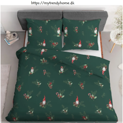 Julesengesæt Nisse, Grøn med julemotiv, ren bomuld fra MyTrendyHome.dk
