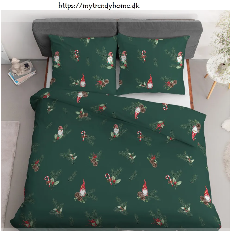 Julesengesæt Nisse, Grøn med julemotiv, ren bomuld fra MyTrendyHome.dk