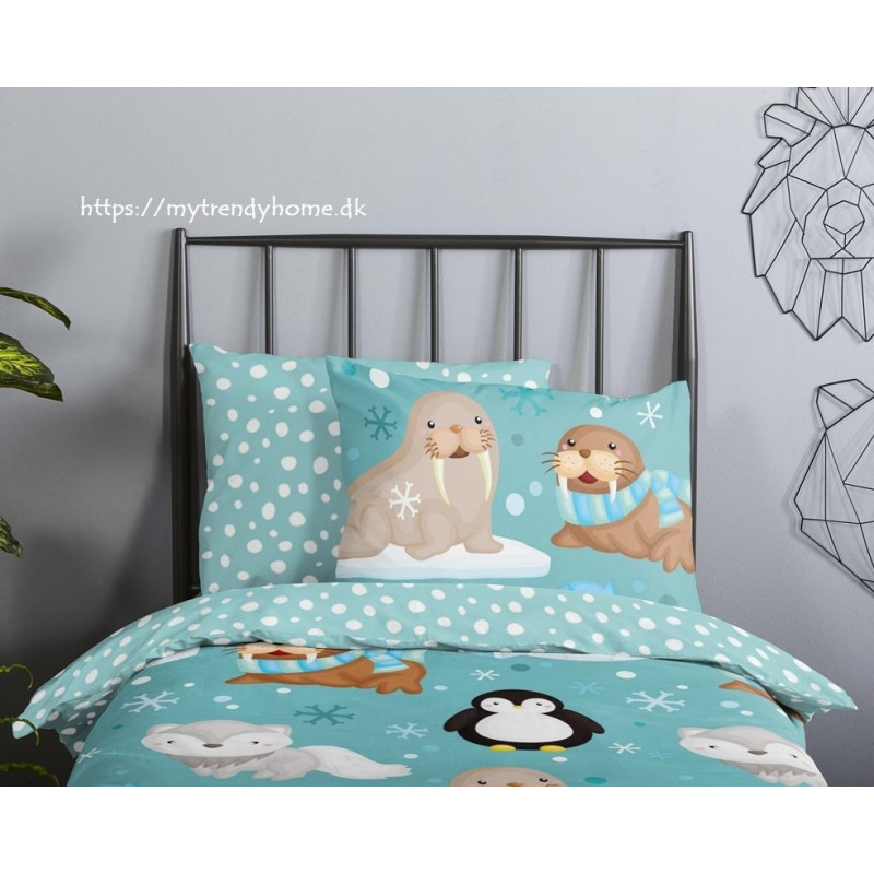 Flonel sengesæt Polar Aqua med sjov polar dyr fra MyTrendyHome.dk