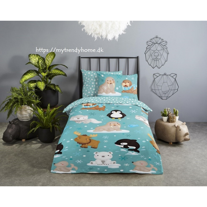 Flonel sengesæt Polar Aqua med sjov polar dyr fra MyTrendyHome.dk