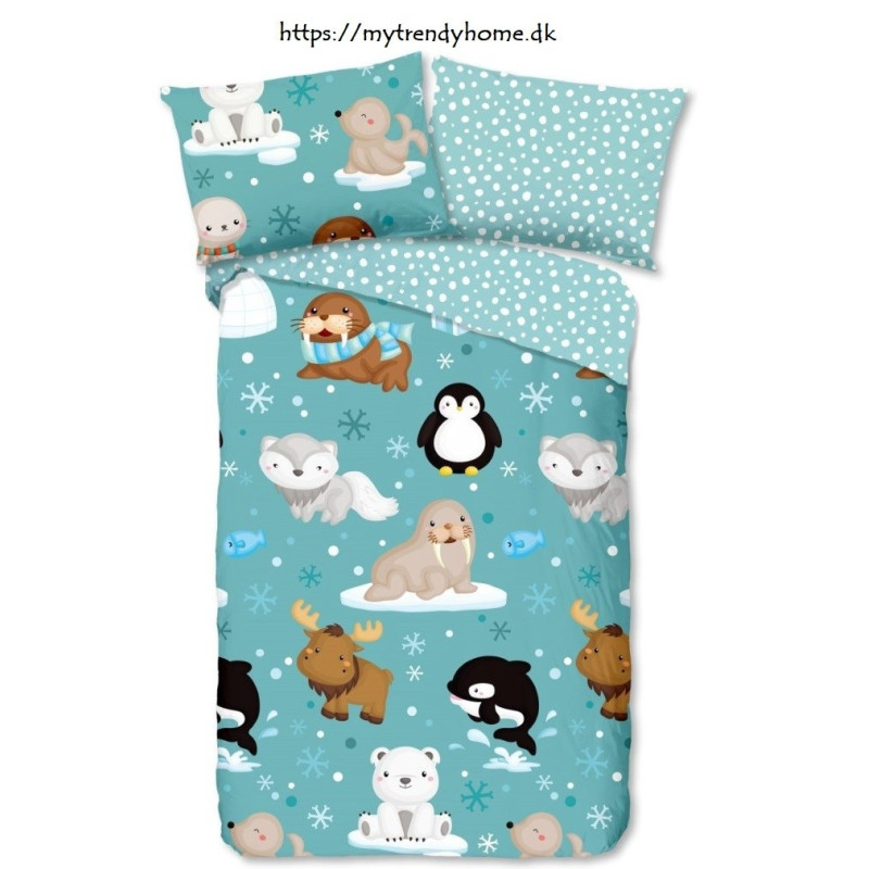 Flonel sengesæt Polar Aqua med sjov polar dyr fra MyTrendyHome.dk