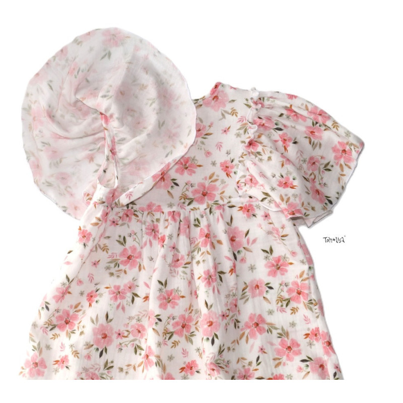 Sommerkjole i muslin  gauze med lyserøde blomster 100% bomuld fra Tom&Lisa fås