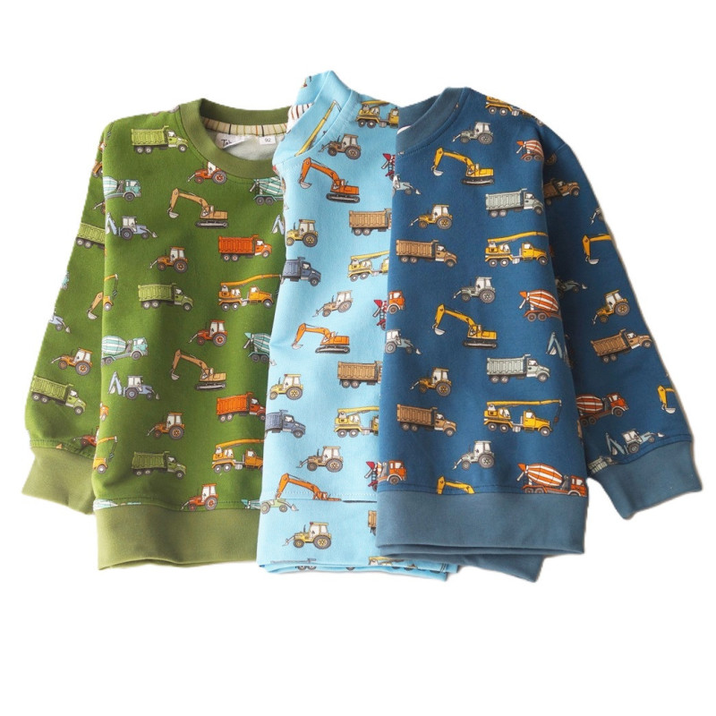 Sweatshirt blå med arbejdsmaskiner i 100% bomuld fra Tom&Lisa