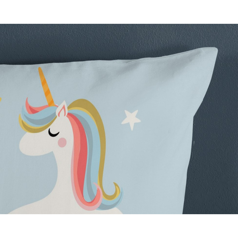 Sengesæt Unicorn til junior med  Enhjørnet og regnbuer, i lyseblå farver