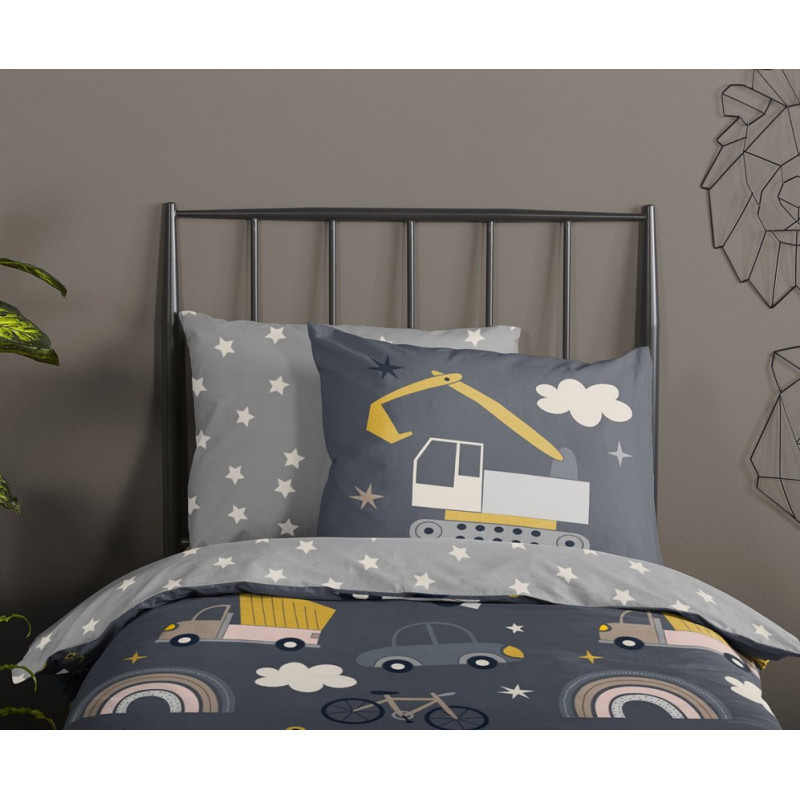 Sengetøj Heavy Machines, Grå med tunge maskiner fra MyTrendyHome.dk