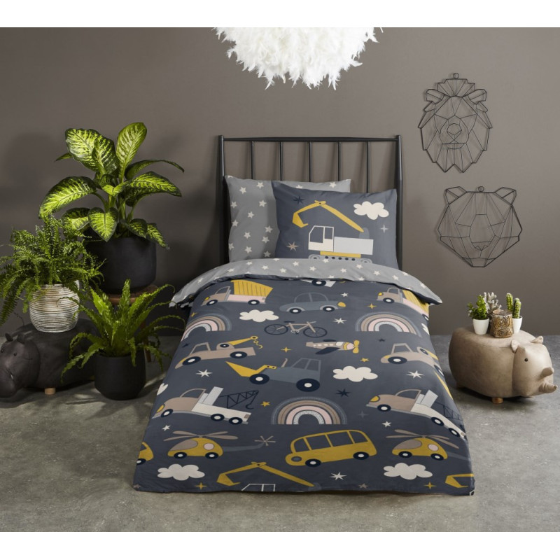 Sengetøj Heavy Machines, Grå med tunge maskiner fra MyTrendyHome.dk