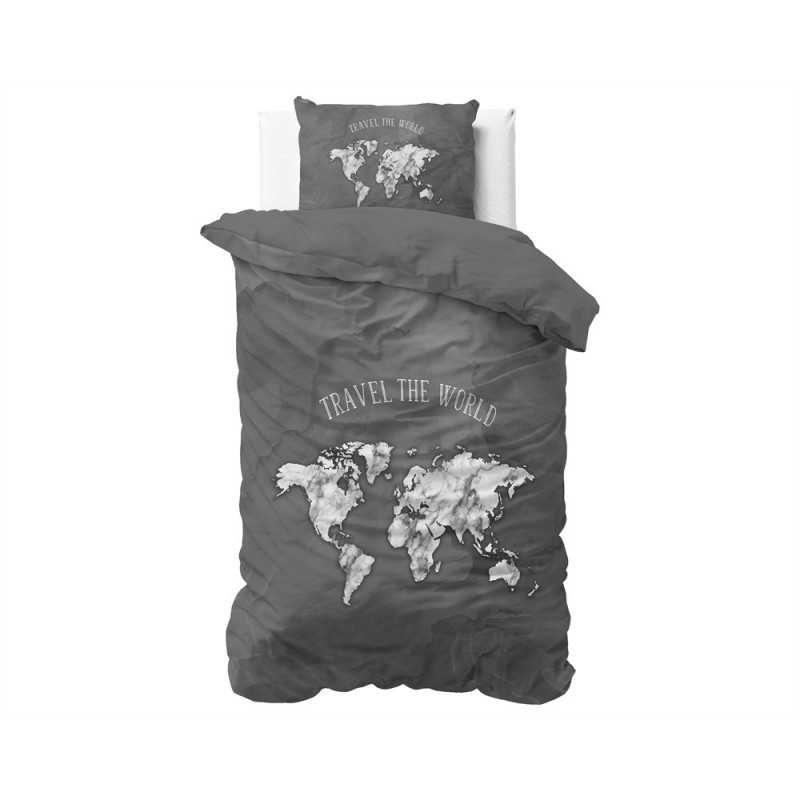 Sengesæt Marble World Anthracite med verdenskort fra MyTrendyHome.dk