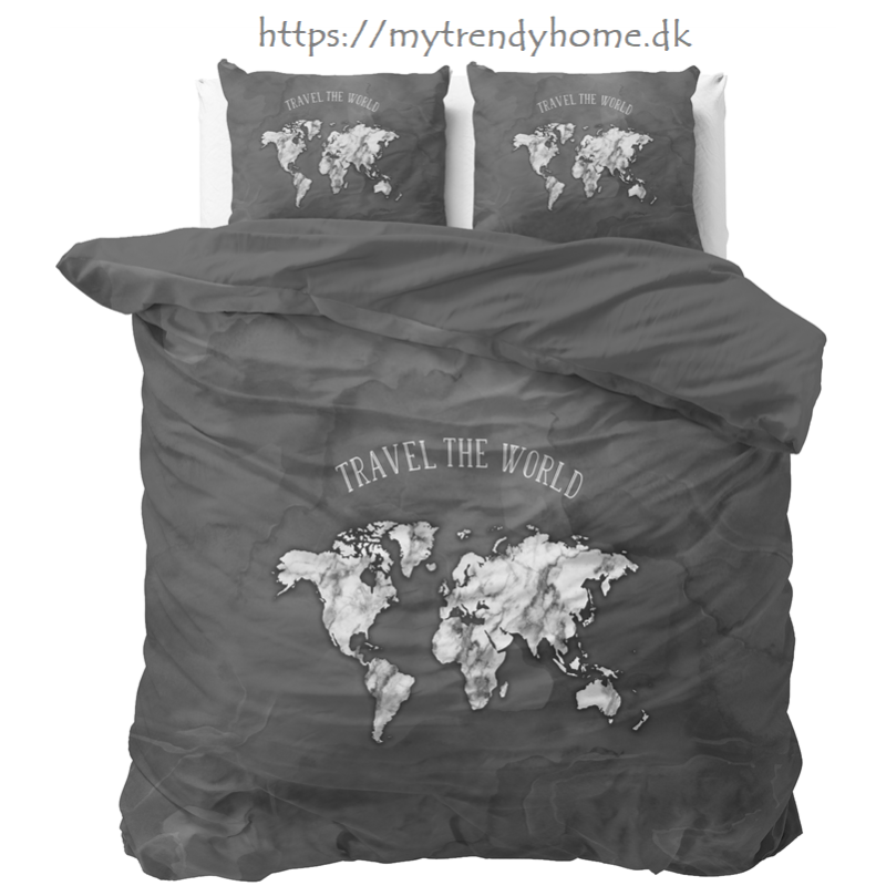 Sengesæt Marble World Anthracite med verdenskort fra MyTrendyHome.dk