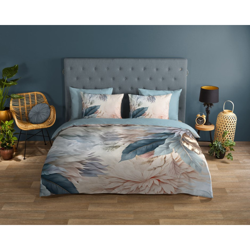Bomuld Sengesæt Diore blue med multifarver fjer fra MytrendyHome.dk