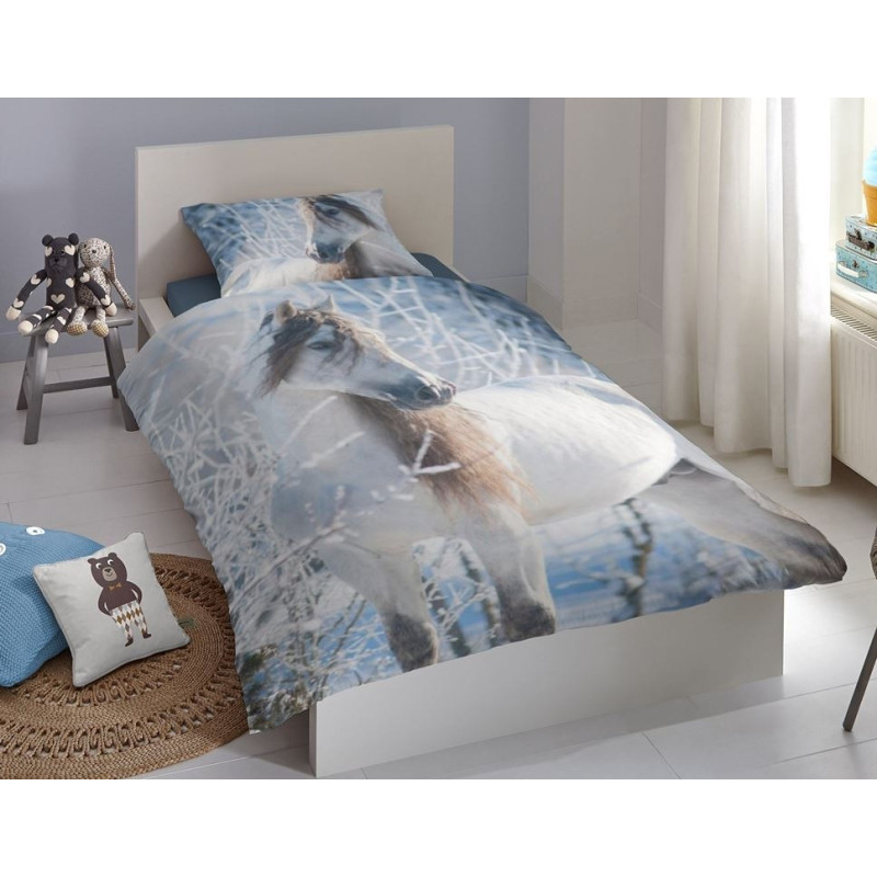 Bomulds Flonel sengesæt White Horse med Hvid heste fra MyTrendyHome.dk