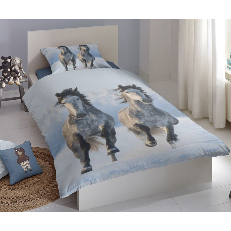 Bomulds Flonel sengesæt Snow Horse med grå heste fra MyTrendyHome.dk