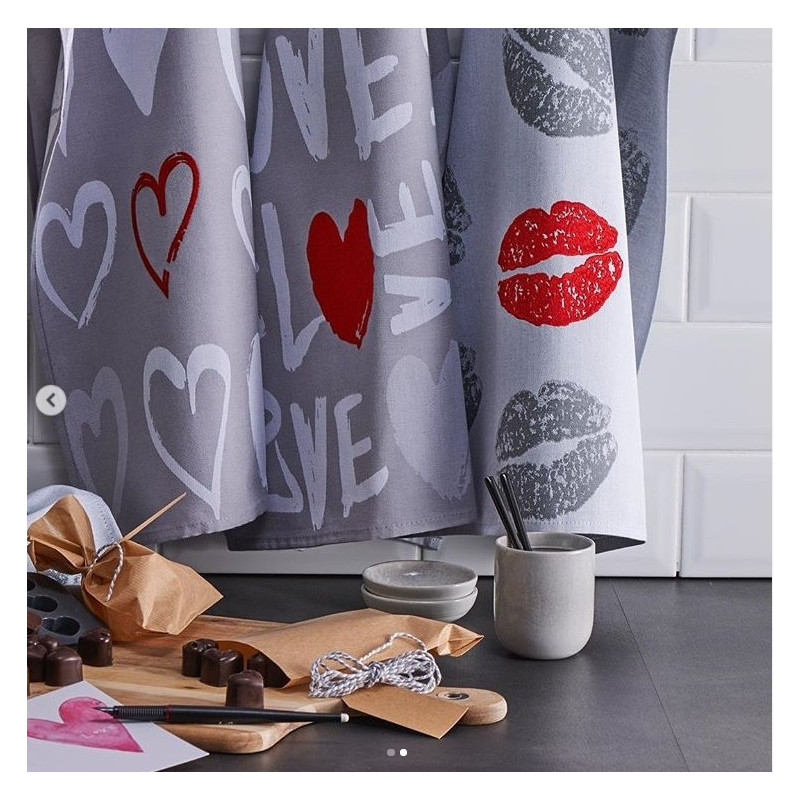Bomulds jacquard viskestykker LOVE med broderi fra MyTrendyHome.dk