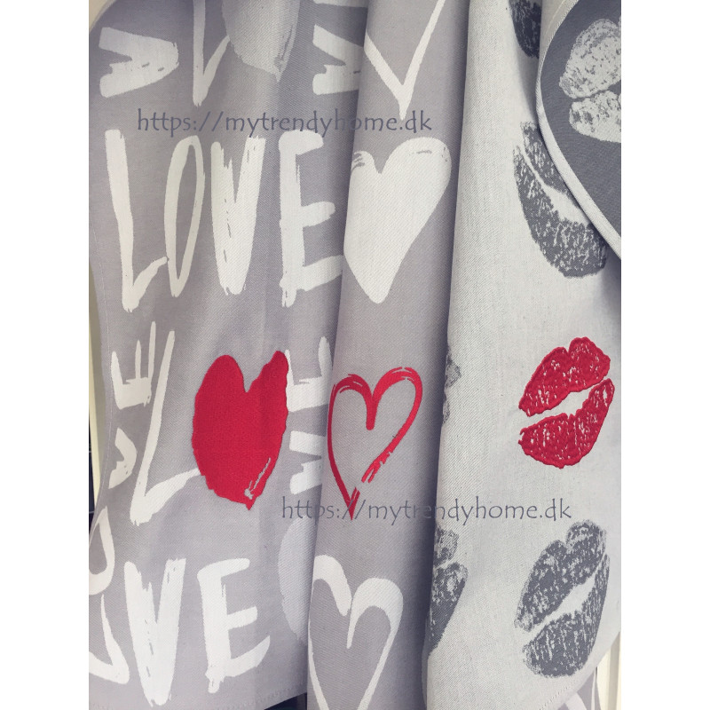 Bomulds jacquard viskestykker LOVE med broderi fra MyTrendyHome.dk